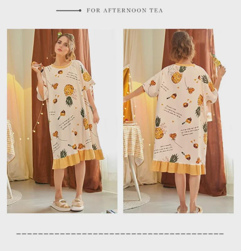 Süßes Sommernachthemd aus Baumwolle mit Cartoon-Motiv für Damen – Kurzarm, lockere Passform, koreanischer Stil, mittellanger Rock