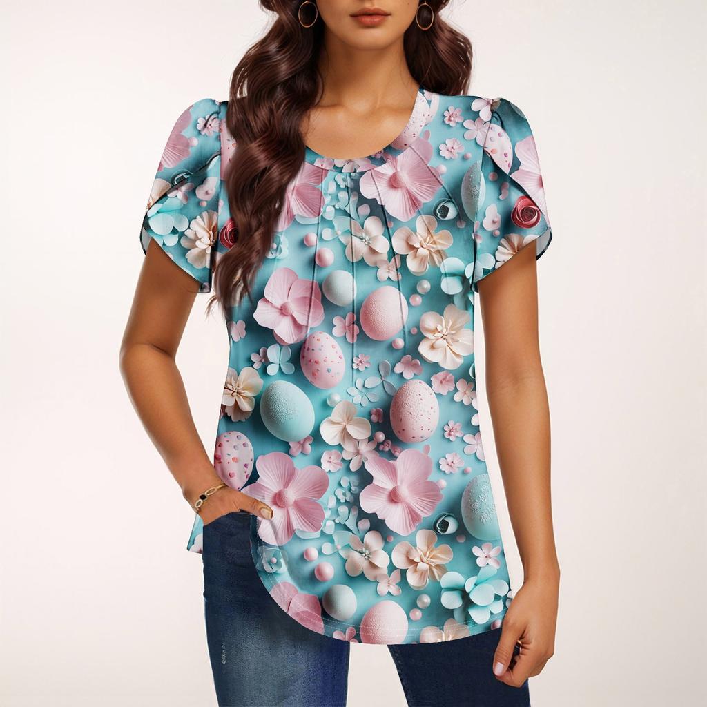 Women's Fashionable Round Neck Short Sleeve Printed Casual Basic Pleated Pullover T-shirt Top