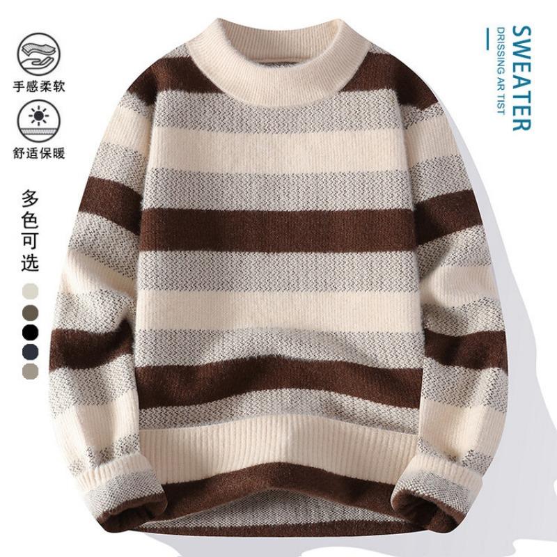 Men S Fashion Thick Pullover Crew Neck Long Sleeve Striped Sweater