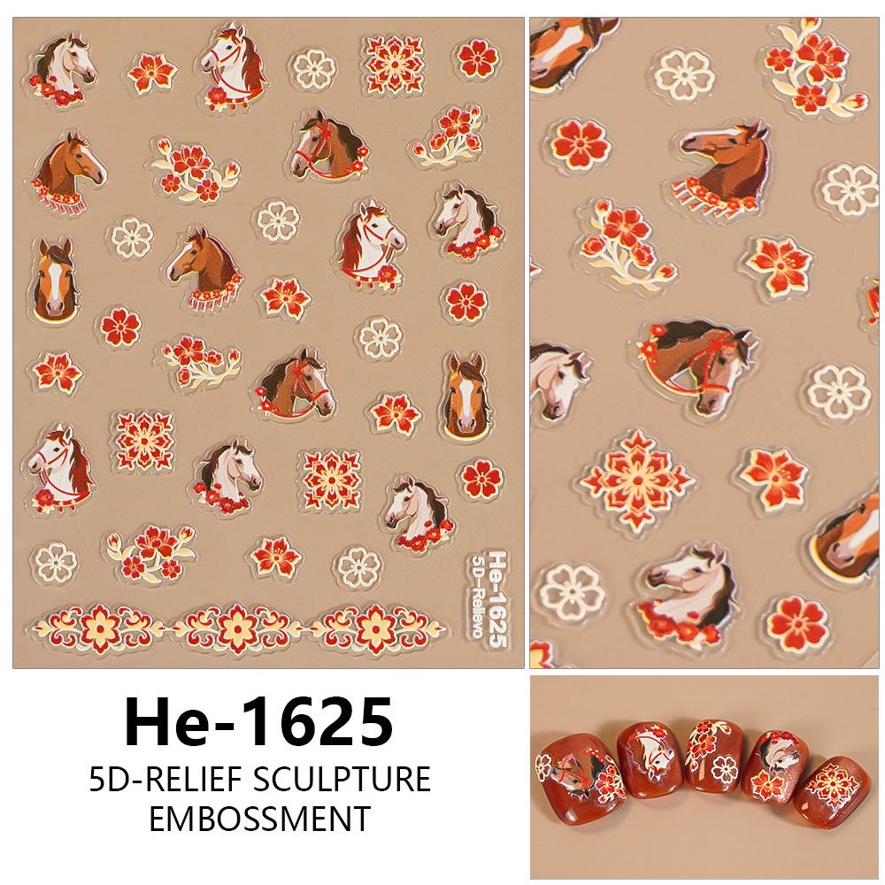 5D Embossed Cartoon Nail Art Stickers: Galloping Horse & Red Flower Wreath He1625