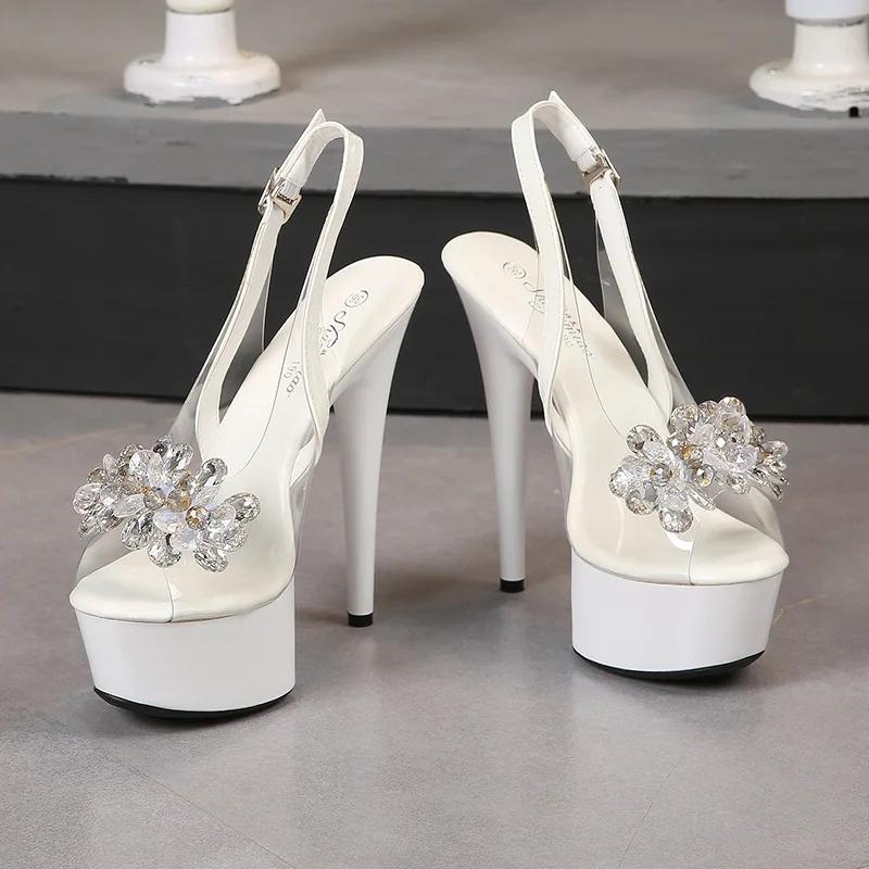 Fashion 2025 new rhinestone fishmouth shoes nightclub stiletto heels 13CM car model sandals women's catwalk steel pipe