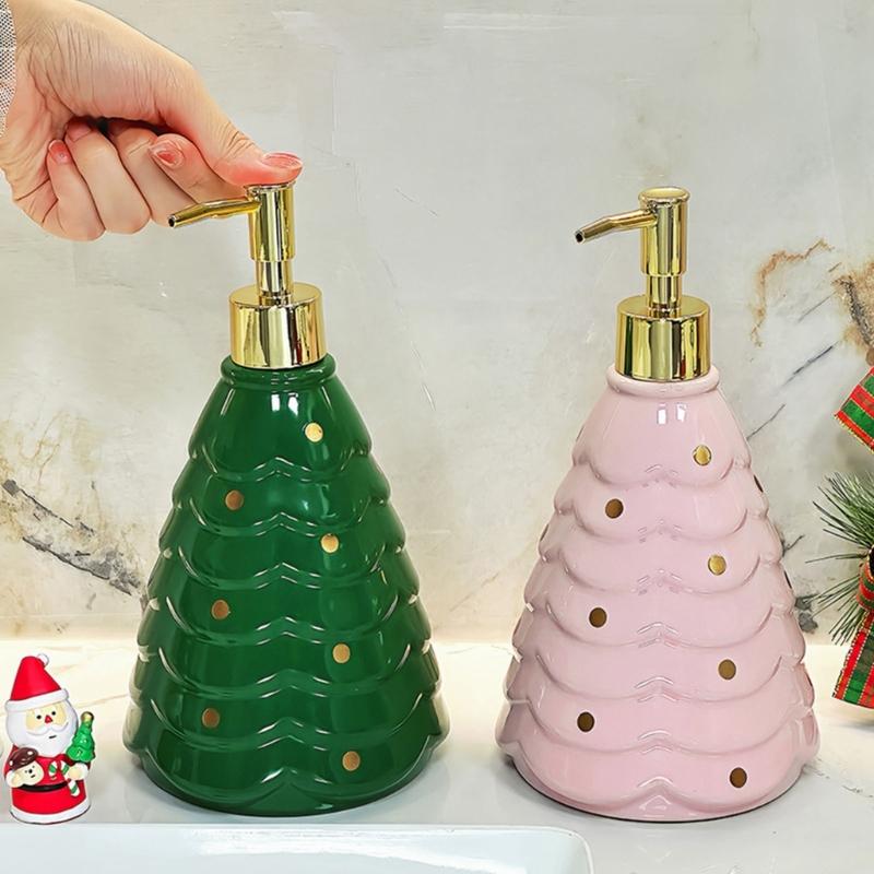 Festive Ceramic Pump Bottle Refillable Dispenser For Shampoo Body Wash Storage Christmas Themed Bathroom Accessory