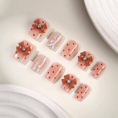 Zhuoshimei Cat Eye Polka Dot Bowknot Detachable Press-On Nail Tips