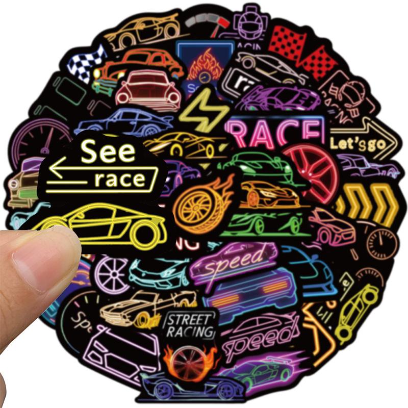 50PCS Cool Neon Stickers Racing Stickers Race Car Stickers Car Theme Waterproof Vinyl Decals for Water Bottles Laptop Guitar