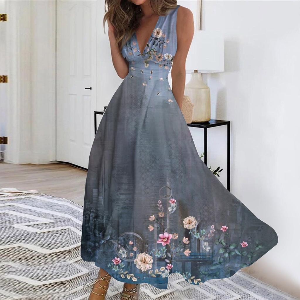 Women's Summer Fashion  Print V-Neck Sleeveless Waist Tie Dress