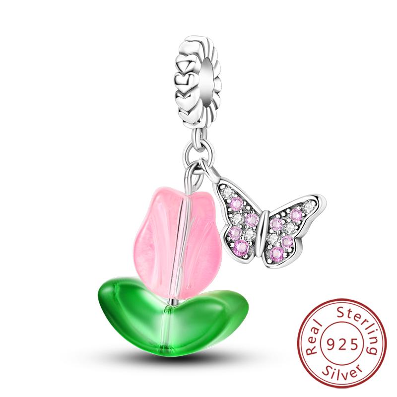 Original Copper Charms Beads Pendant Lotus Tulip Rose Carnation Flower Series Bead Fit Bracelets Women Jewelry Gift