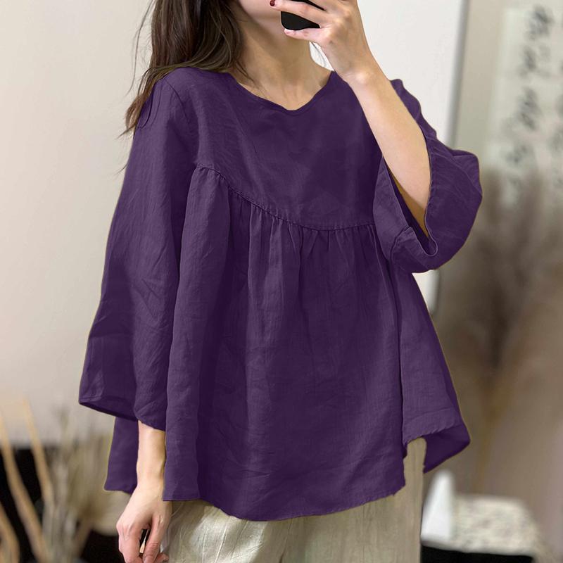 ZANZEA Women Casual Round Neck Solid Color 3/4 Sleeve Loose Blouse