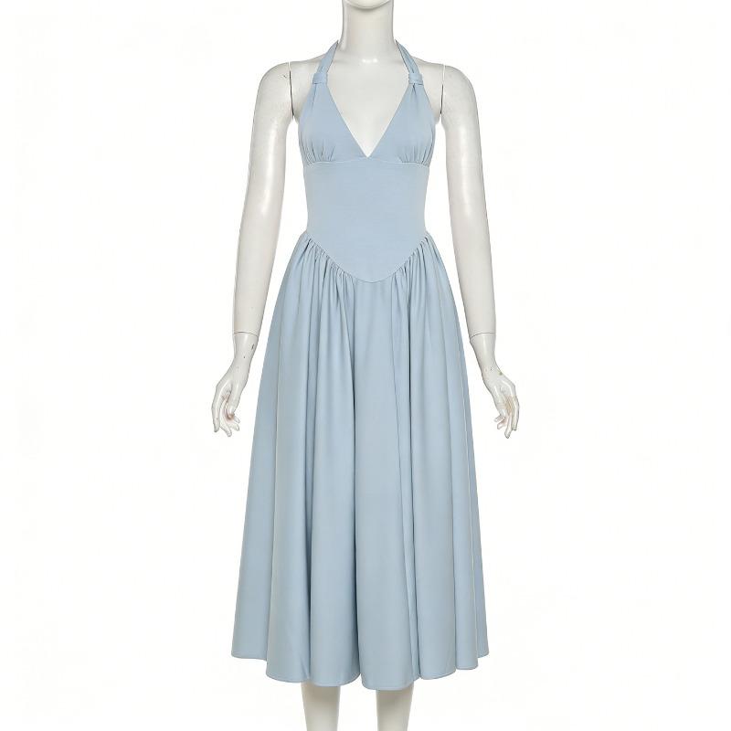 

Spring and Summer New Backless Collar Slimming Halterneck Long Skirt Seaside Vacation Sexy Dress Woman S синий