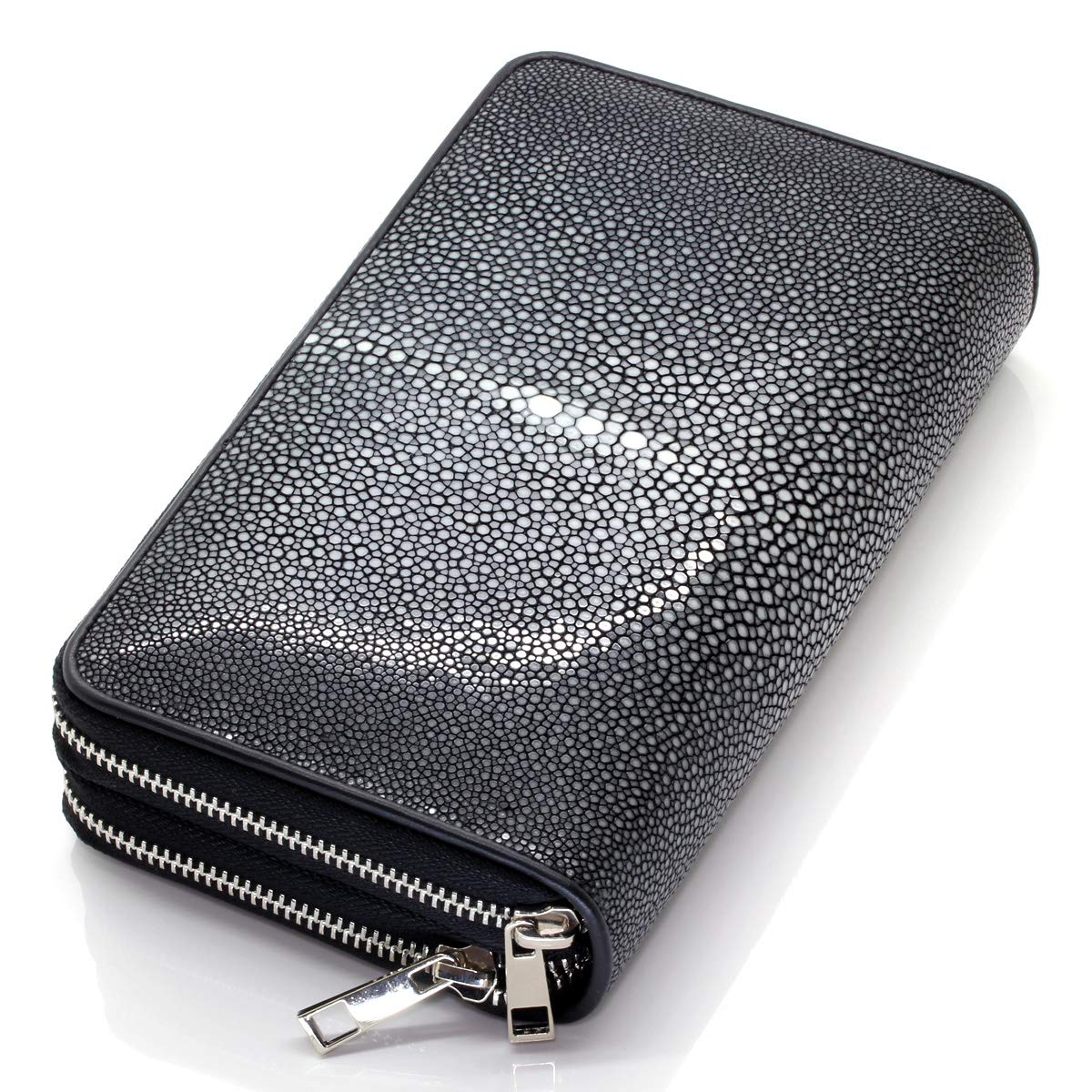 

[Revetta] Stingray Leather Long Wallet, Large Capacity, 40 Card Slots, Double Zipper Closure, Silver, Galuchat, Stingray, Black, Men s, Genuine