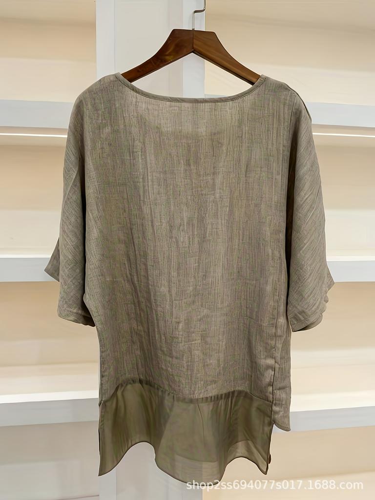 Women's Linen Blend Patchwork Mid-Sleeve Batwing Top with Irregular Hem