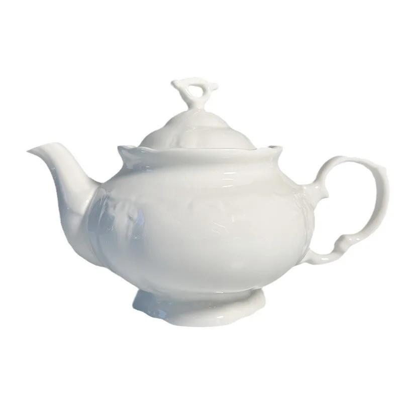 French Retro Relief Coffee Pot Pure White Bone China Teapot Sugar Bowl Milk Jug Ceramic Large Capacity Kettle Home Drinkware