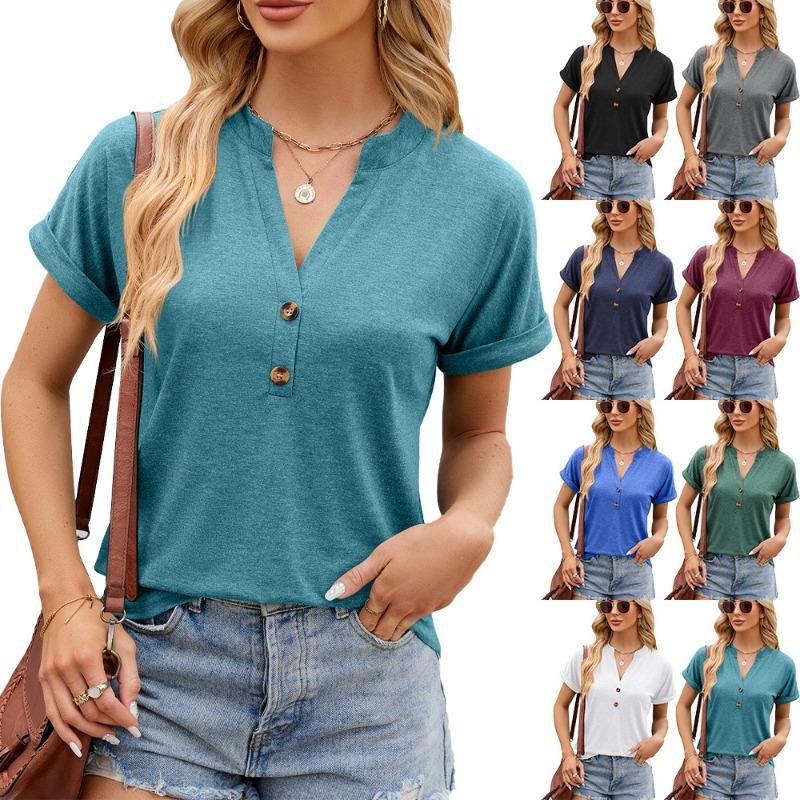Spring Summer Solid Color V-neck Button Loose Short Sleeved T-shirt Top