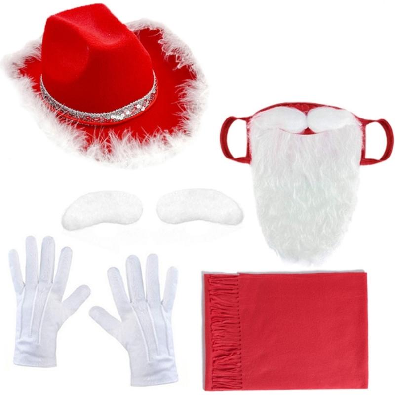 Christmas Cowman Hat Scarf Self Adhesive Eyebrows, Santa Mask with Long Beards for Women Men
