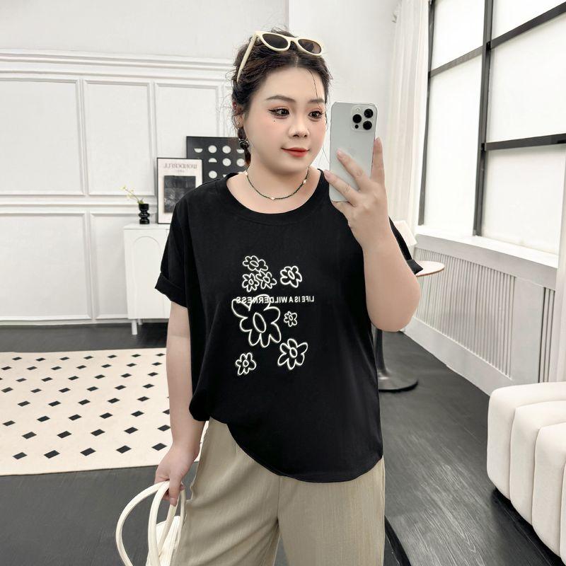 

Plus size women clothing [Street Art Flower T] Summer New Chubby Girl round Neck Print Belly Covering Short sleeve Top Night Black-T-Shirt 5XL