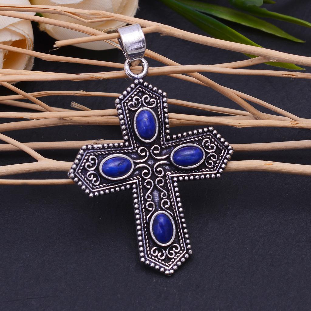 Lapis Lazuli Gemstone Handmade 925 Sterling Silver Pendant 3" K5t15
