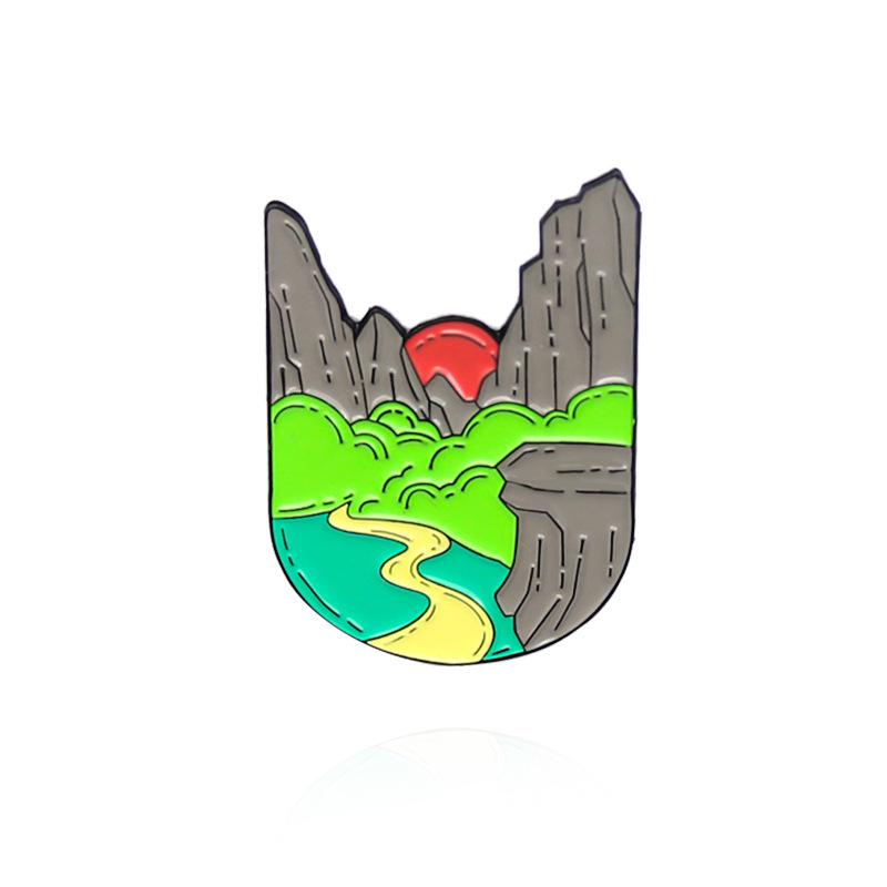 Mountain Stream Sunset Valley Scenery Alloy Brooch