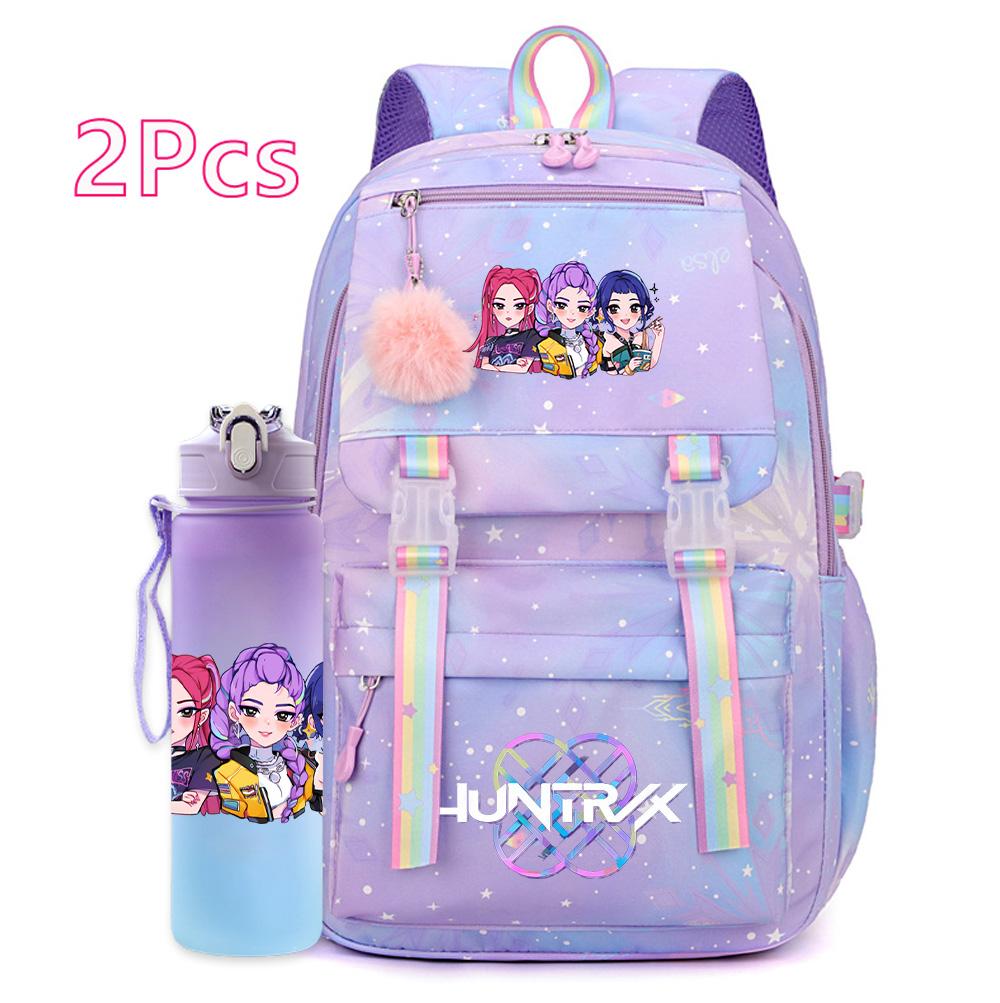 2Pcs/set New Anime Kpop Printed Backpack with 750Ml Water Bottler Large Capacity Travel Bag for Teenager Girl Boy Bookbag Kid Gift Large Capacity Bag