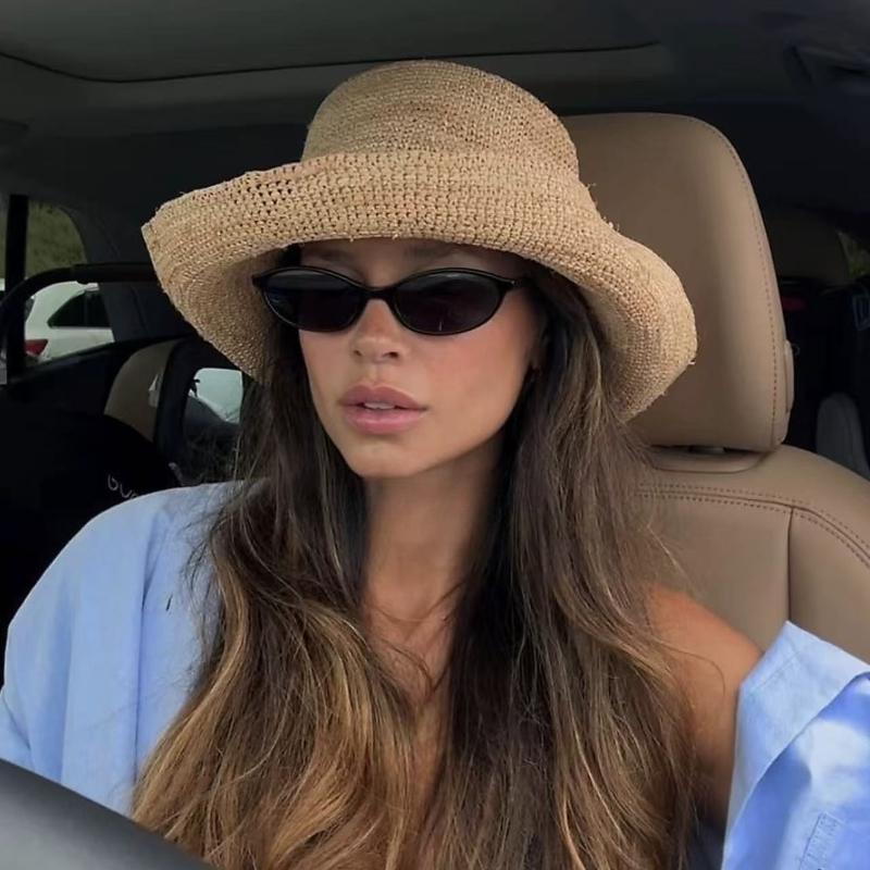 Yiran Dayang Hat Women's Summer Foldable Hand-Woven Raffia Bucket Hats 8Cm Wide Brim Sun Protection Sun Hats Lady Travel Breathable Beach Straw Hat 56-58Cm