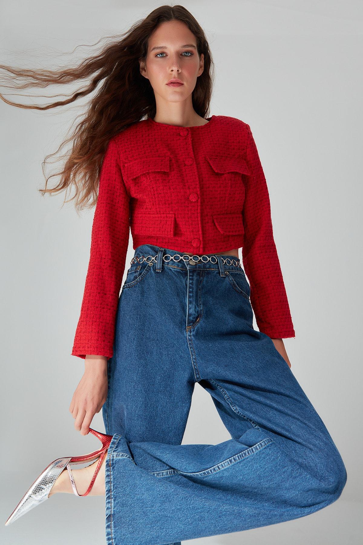 

Красный твидовый укороченный тканый жакет TWOAW23CE00215..