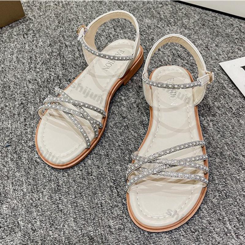 Modne Damskie Buty 2025 Nowe Letnie Modne Płaskie Sandały z Cyrkoniami Lekkie Zapinane na Klamrę Sandały Rzymskie Outdoor Miękka Podeszwa Buty na Plażę