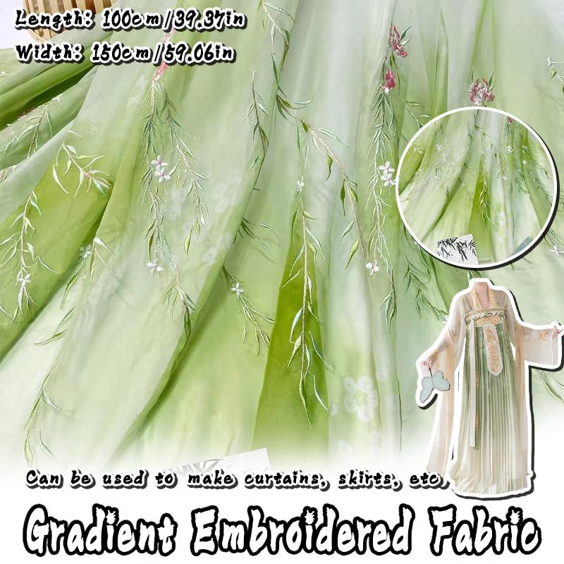 1M Chinese Ancient Style Embroidered Willow Leaf Fabric For Diy Sewing Hanfu Guofeng Dress Peony Embroidery Designer Fabric