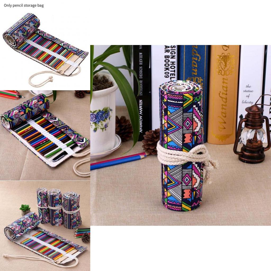 Ethnic Style Colored Geometric Pattern Pencil Canvas Storage Bag For Artists And Students