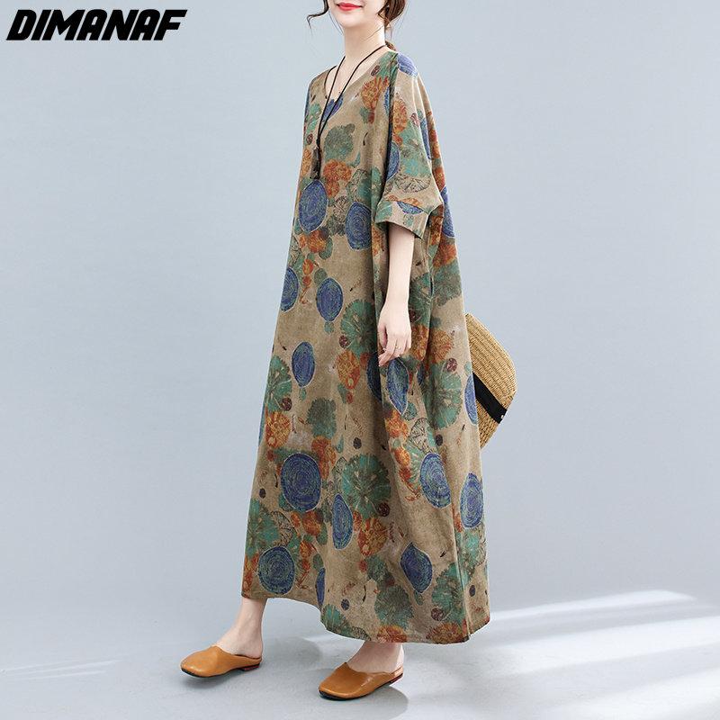 Dimanaf Plus Size Women 2023 New Summer Style Dress Short Sleeve O-Neck Floral Loose Dress Linen Basic Dresses