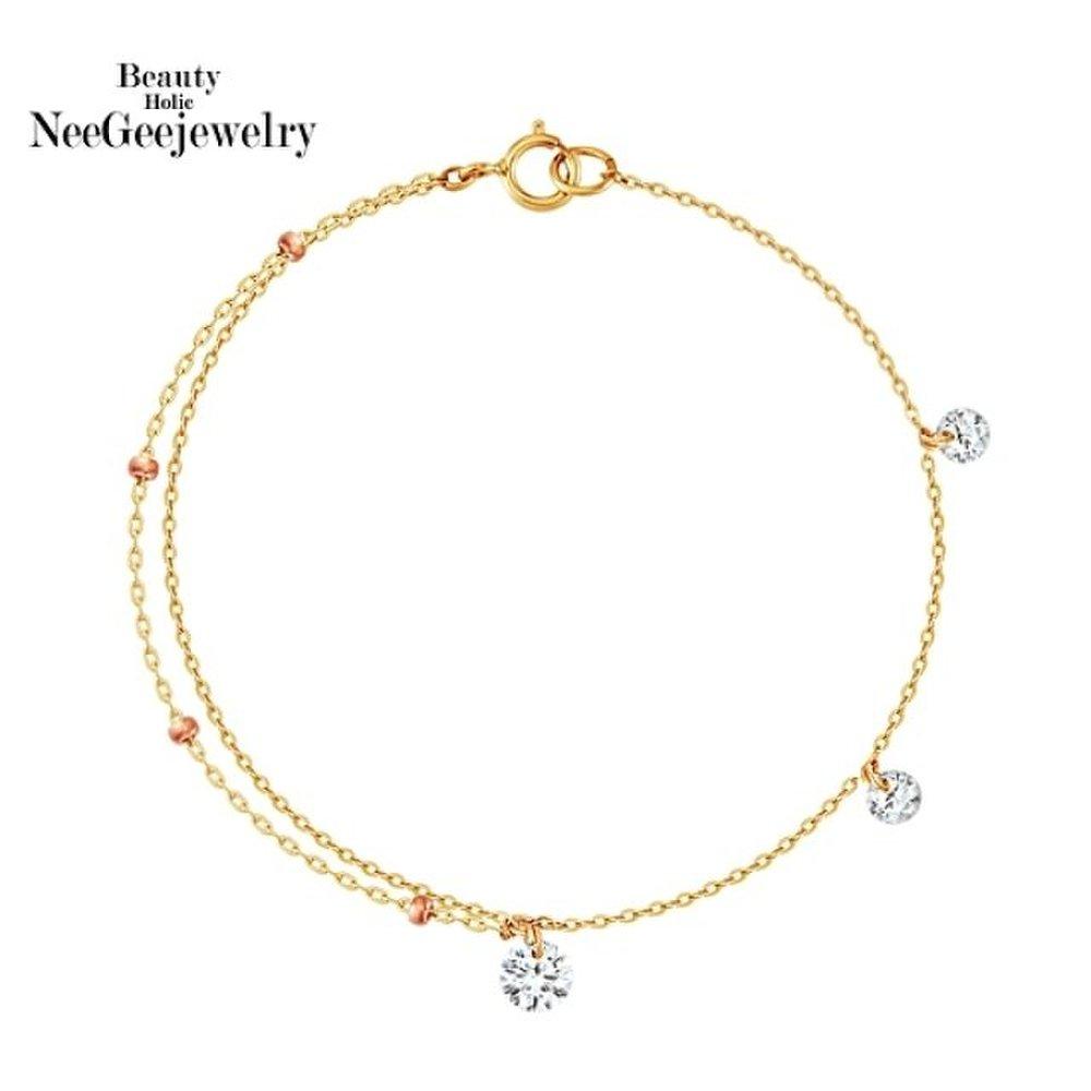 

[Neegee Jewelry] 14K Gold Unbalanced Pink Ball Chain Cubic Bracelet