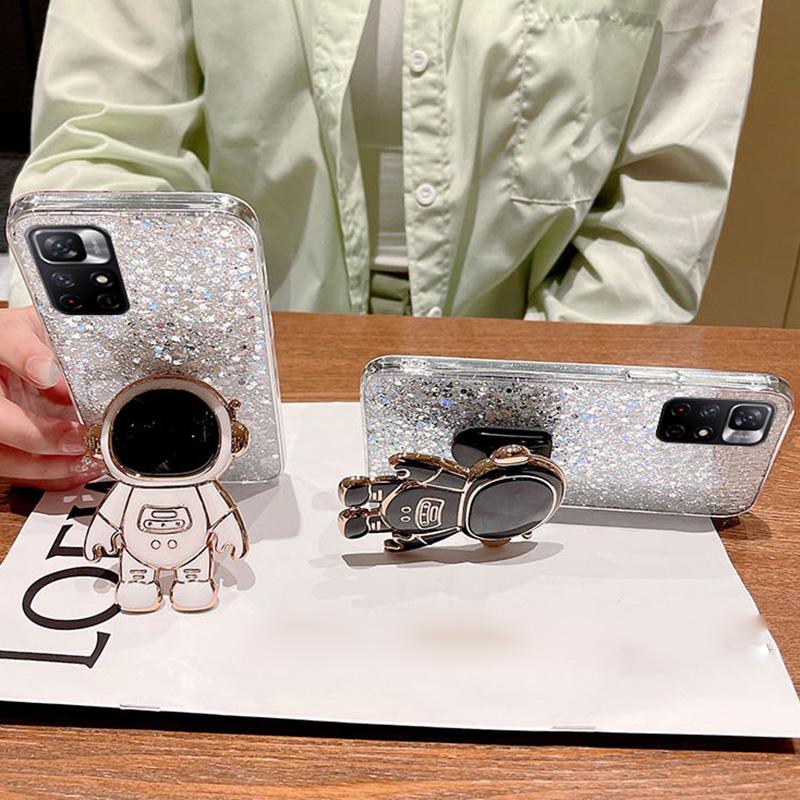 Astronaut Stand Glitter Silicone Case For Xiaomi Redmi Note 11 11S 10 10S 9 9S 9A 9C 10C 9T POCO X3 X4 F4 Gold Silver Foil Cover