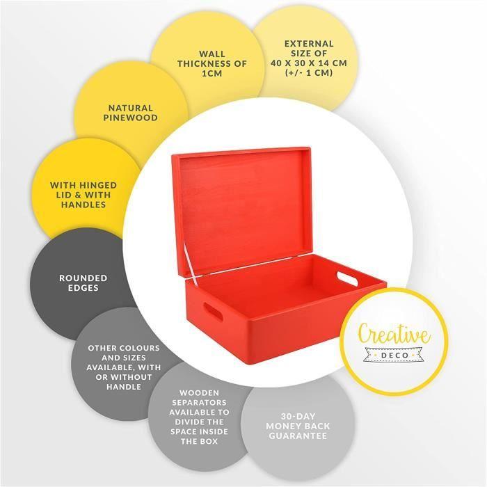 Boîte de Rangement en Bois à Décorer Rouge - Creative Deco - XL - 40 x 30 x 14 cm - avec Couvercle et Poignées