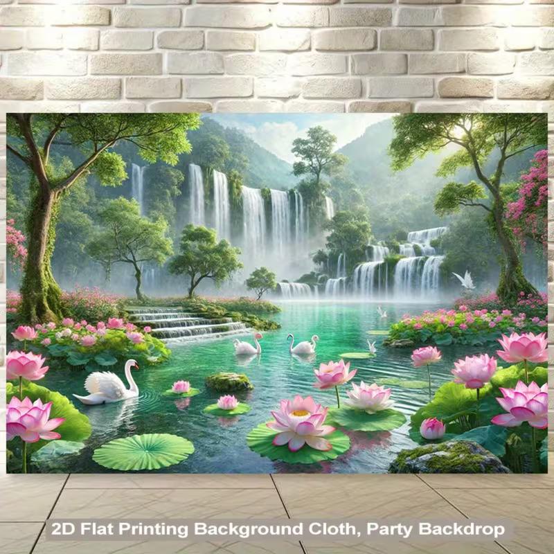 Nature Themed Home Decor Backdrop with Misty Waterfall Forest Scene 47.2x31.5inch/120*80cm