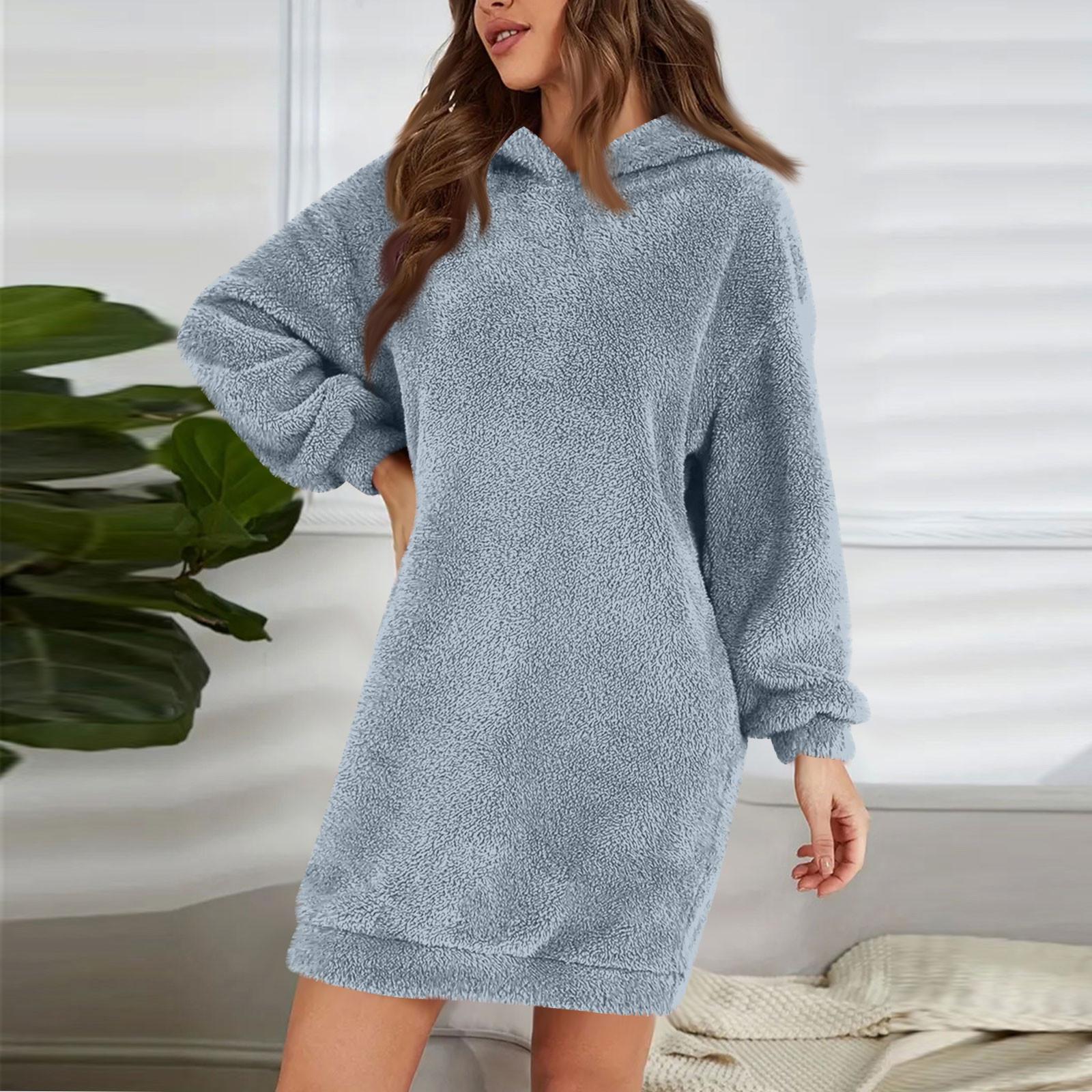 Women s Fashion Colour Hooded Long Sleeve Plush Dress Loose Casual Sweatshirt L синий