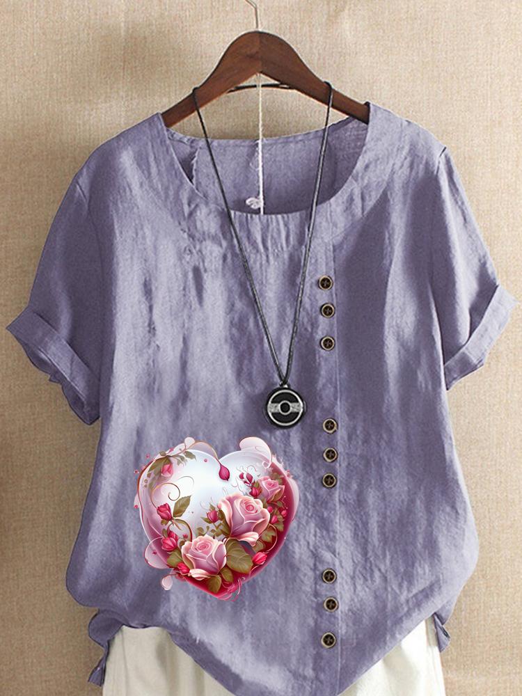 Women's Fashion Love Shaped Pattern Print Shot Sleeve T-shirt Loose Cotton Shirt Casual Loose Summer Plus Size Blouse Tops