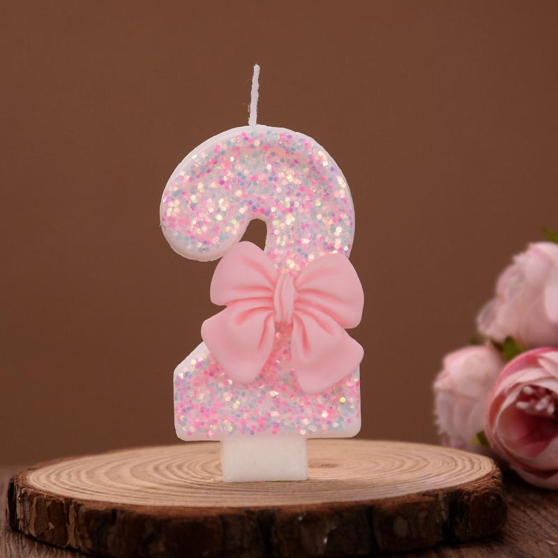 Cute Pink Bow Cake Number Candles Glitter 0-9 Digital Cake Toppers Kids Girls Birthday Party Cupcake Dessert Decoration Favors