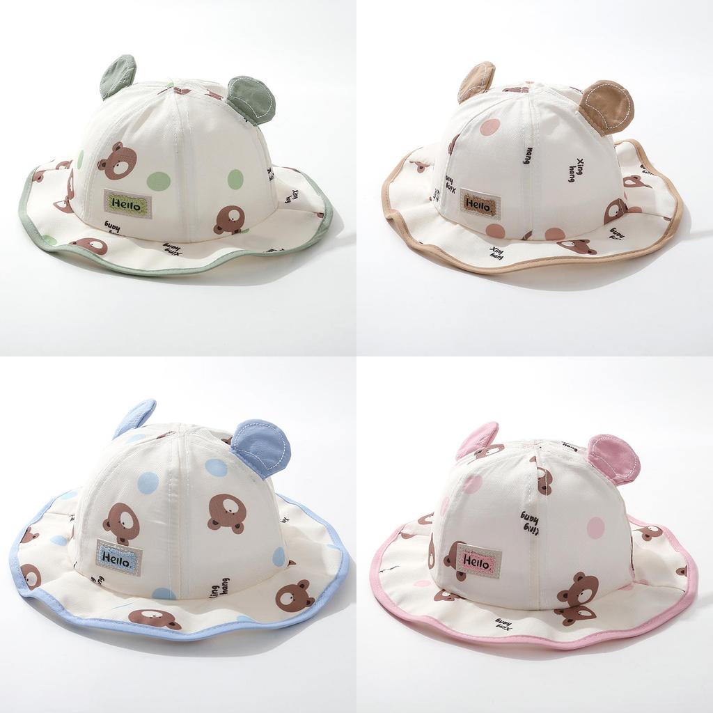 Kids Sun Hat With Large Brim Cotton Cartoon Bear Pattern For Baby Sun Protection