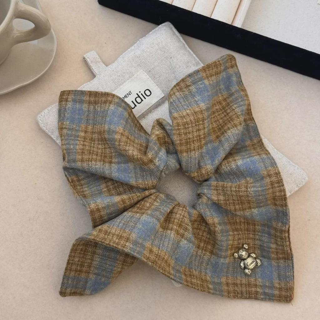Korean Style Bear Plaid Scarf Hair Band & Ponytail Hair Tie Set