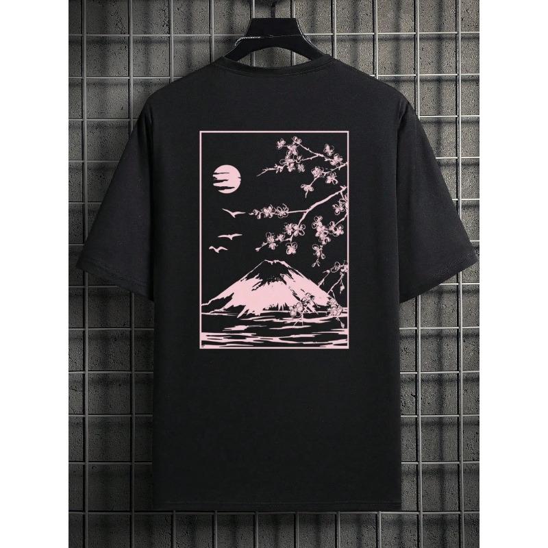 New Summer Tokyo Cherry Blossom Mt. Fuji Business Card Printed T-Shirt Men's Fashion Cotton Casual Tops Hip Hop Loose  T-Shirt