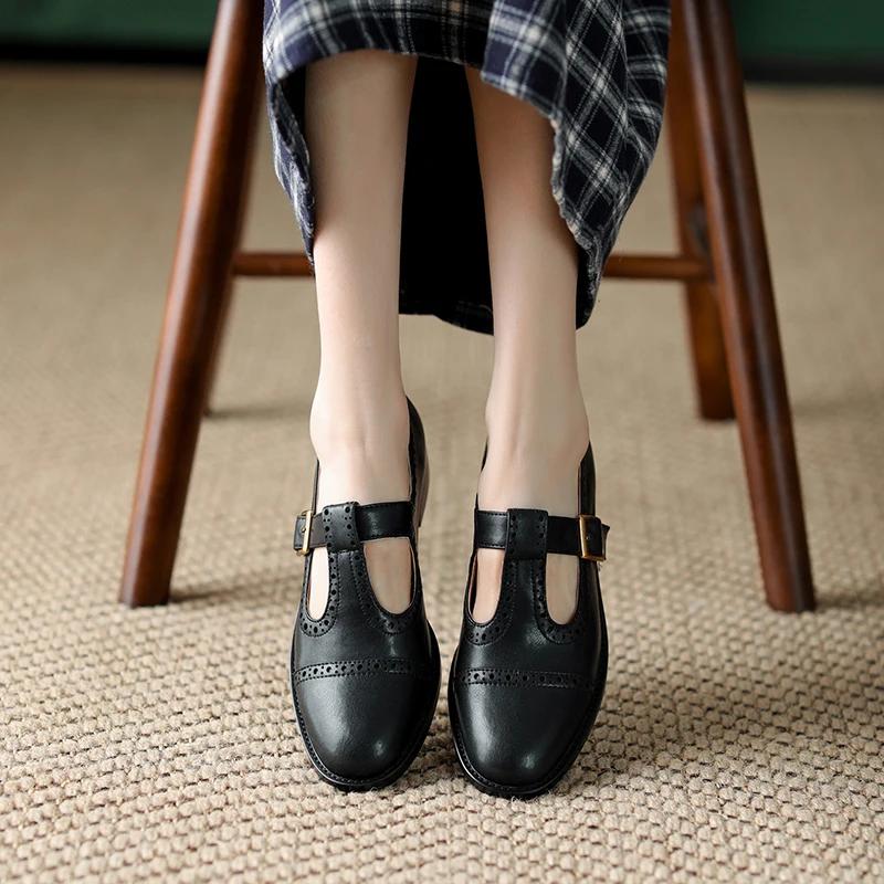 Fashion New Spring/summer Mary Jane Shoes for Women Split Leather Round Toe Thick Heel Shoes Casual Brogues Black Chunky Heel Shoes