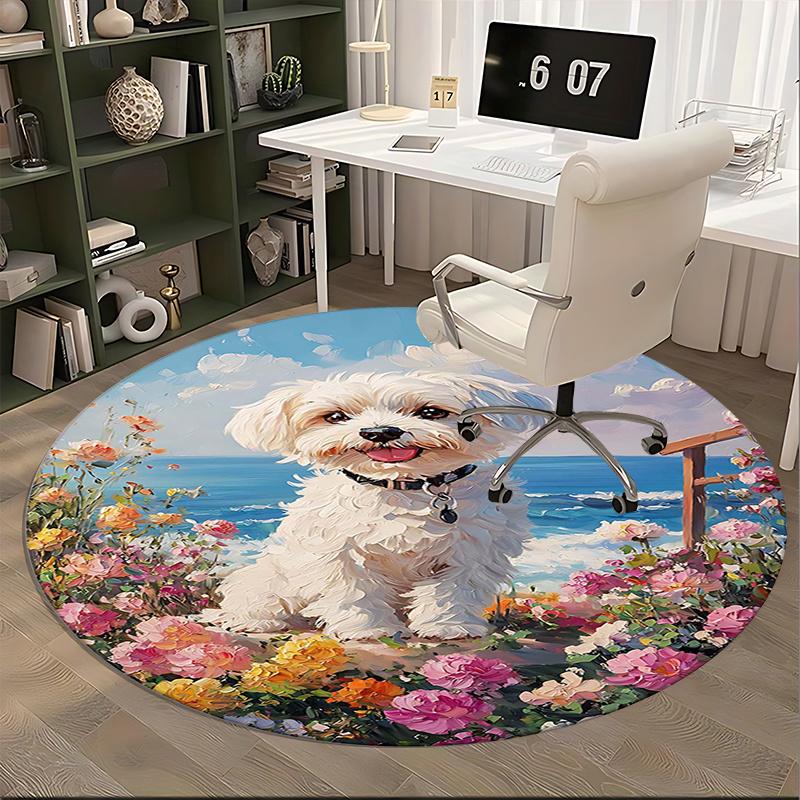 Floral Garden Dog,Ocean View Pet Chair Mat Round Rug Office Carpet, Non Slip, Suitable for Living Rooms, Bedrooms Decor.1205180a