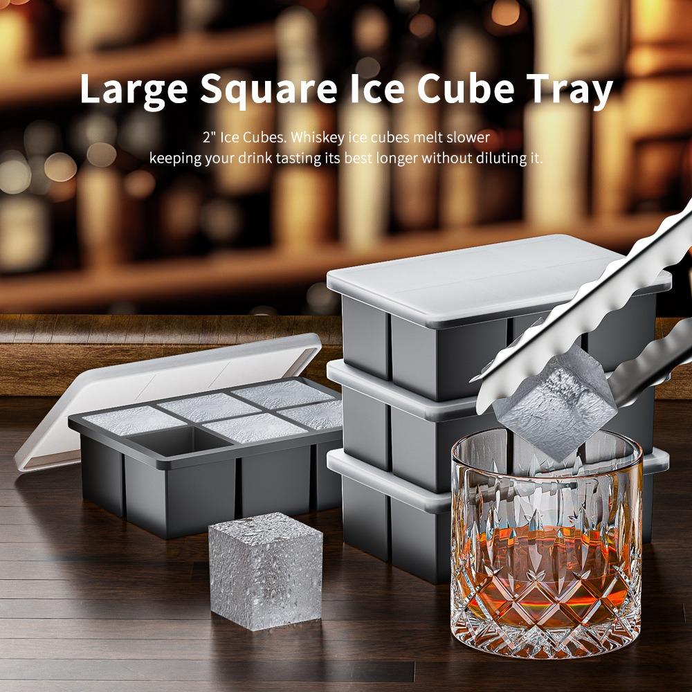 1Pcs Ice Cube Trays Large Size Flexible 6 Cavity Ice Cube Square Molds with Lid for Whiskey and Cocktails, Keep Drinks Chilled