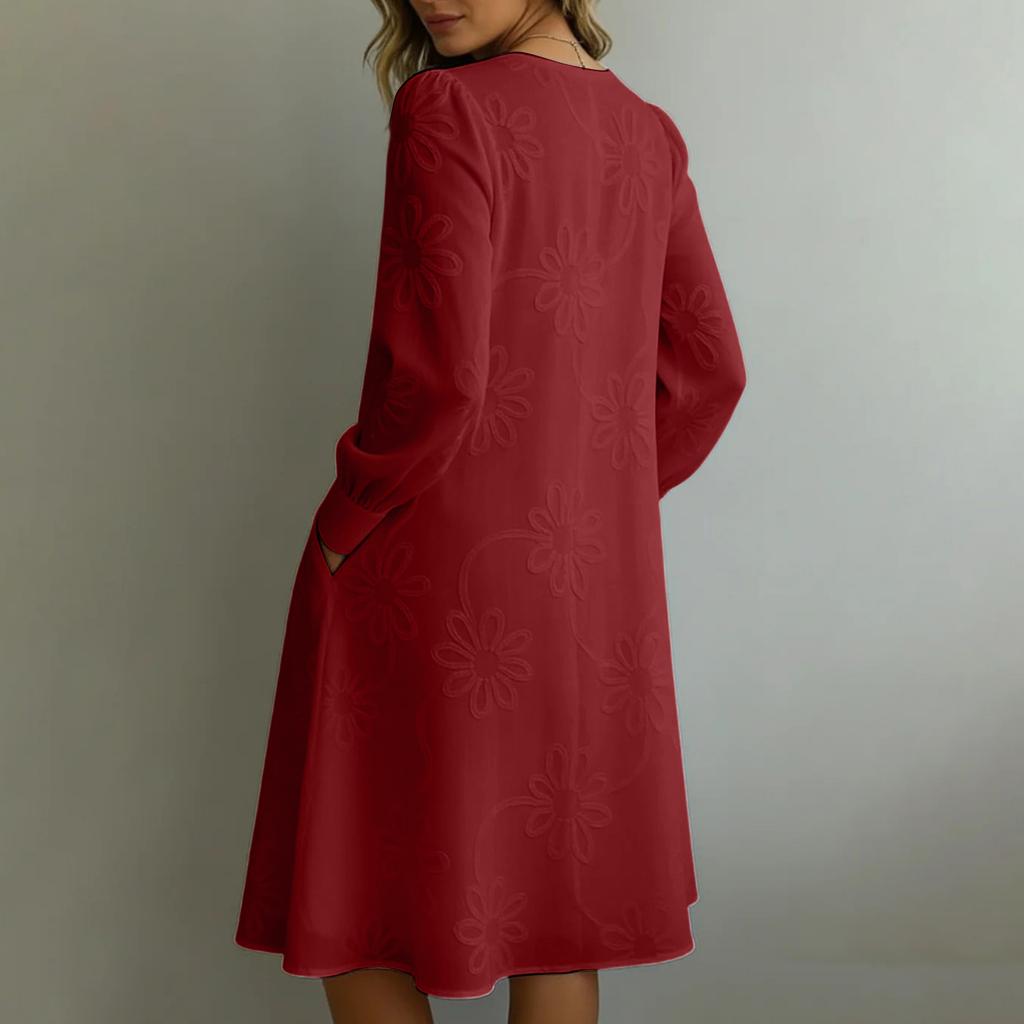 Women Casual Loose Fit Vintage Embroidered Floral V Neck Long Sleeve Dress Comfortable Everyday Wear