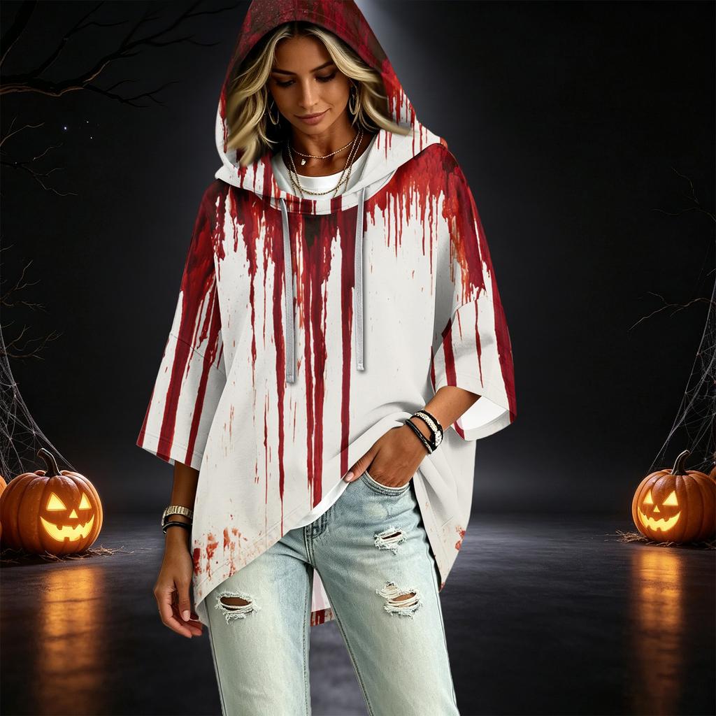 Damen Freizeit 3/4 Ärmel Halloween Print Kapuzen Pullover Top für den Herbst