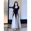 Splicing contrasting color U-neck dress women's summer trend style design sense slim and thin A-shaped long skirt wholesale