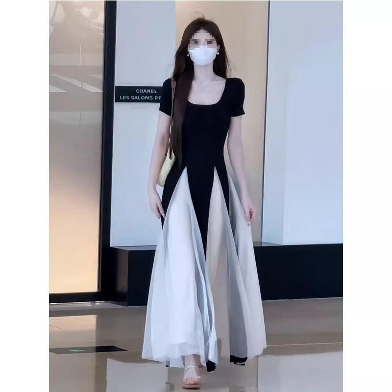 Splicing contrasting color U-neck dress women's summer trend style design sense slim and thin A-shaped long skirt wholesale