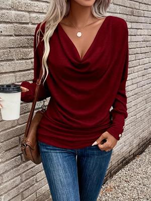 Elegantes Damen-T-Shirt mit V-Ausschnitt und langen Ärmeln in Unifarbe für Herbst/Winter