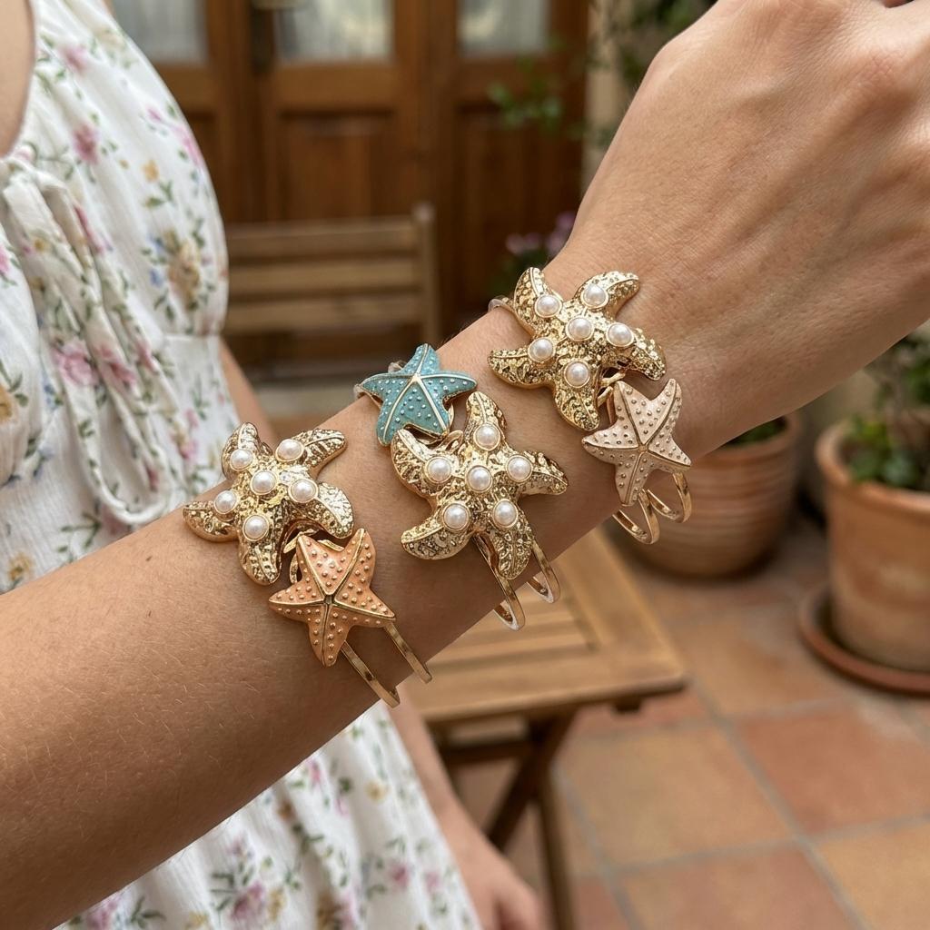 Dopamine Starfish Imitation Pearl Bracelet for Women Boho Gold Pated Enamel Bangle Summer Beach Dainty Wrist Jewelry Gift