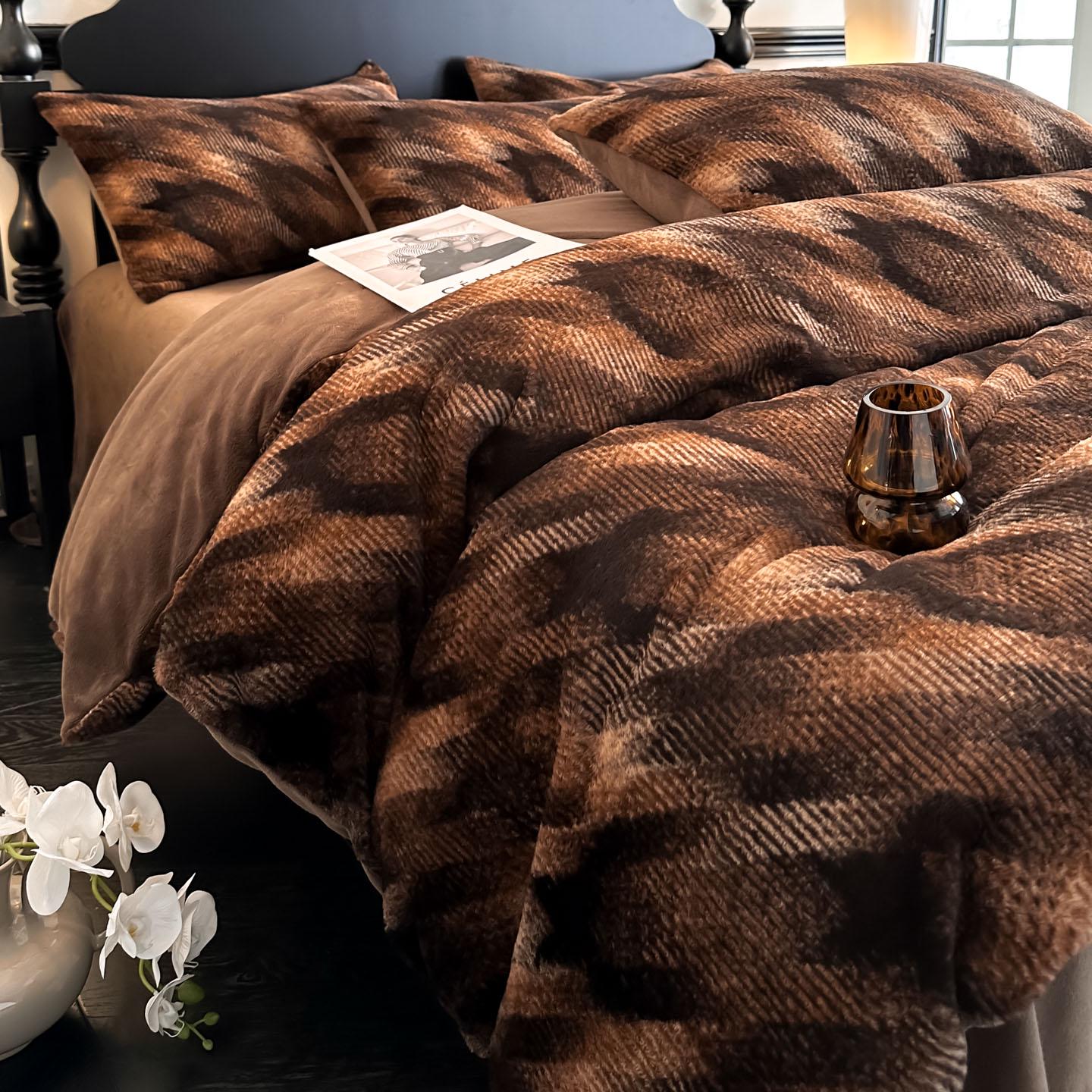 

Premium Leopard Print Velvet Fleece 4-Piece Set: Winter Stain-Resistant, Double-Sided Coral Fleece, Warm Duvet Cover Bed 1.2m Flat Set, 3 Pieces, Duvet Cover 150x200cm