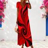 Women Plus Size Abstract Printed Red Black V Neck Short Sleeve Long Dress