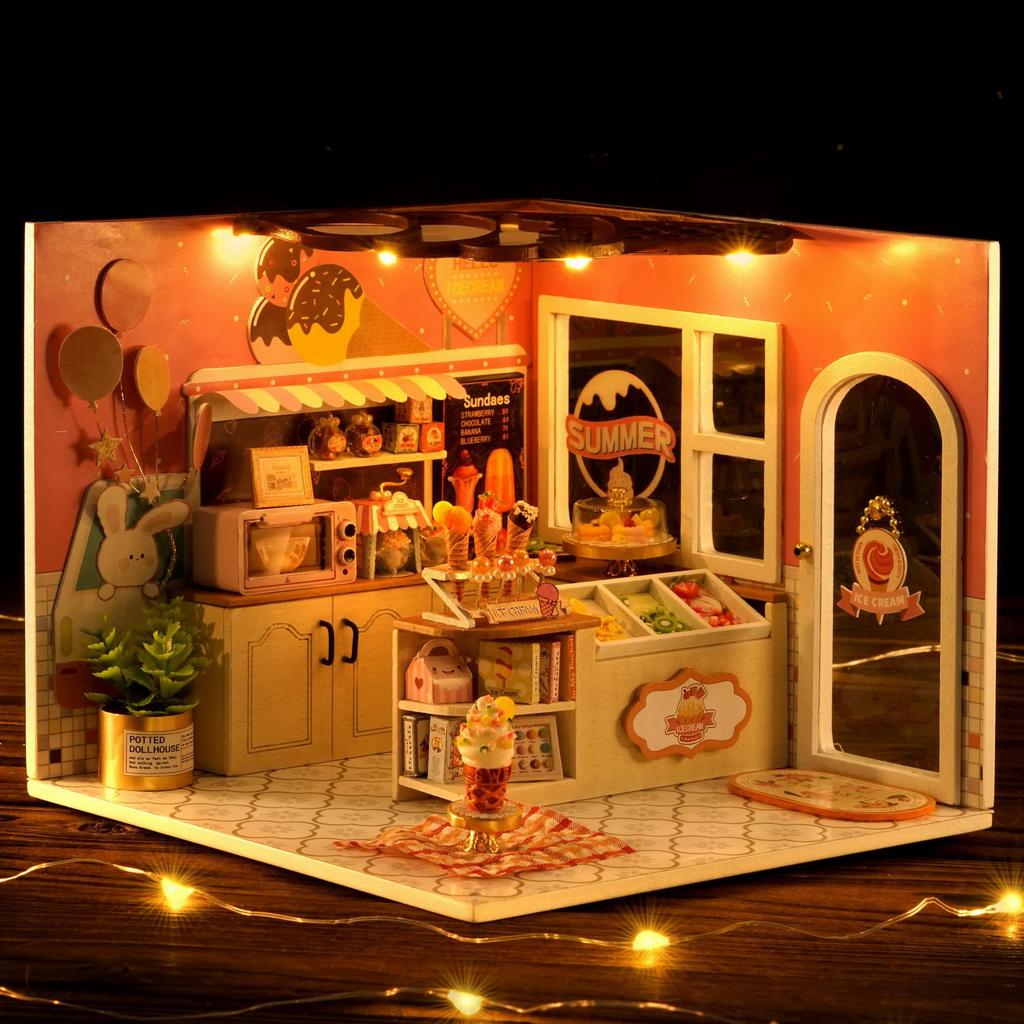 CUTEROOM Dollhouse Kit, Miniature Handmade Set, Beginner's DIY Wooden Dollhouse Toy with Dustproof Cover and LED Light (H023)