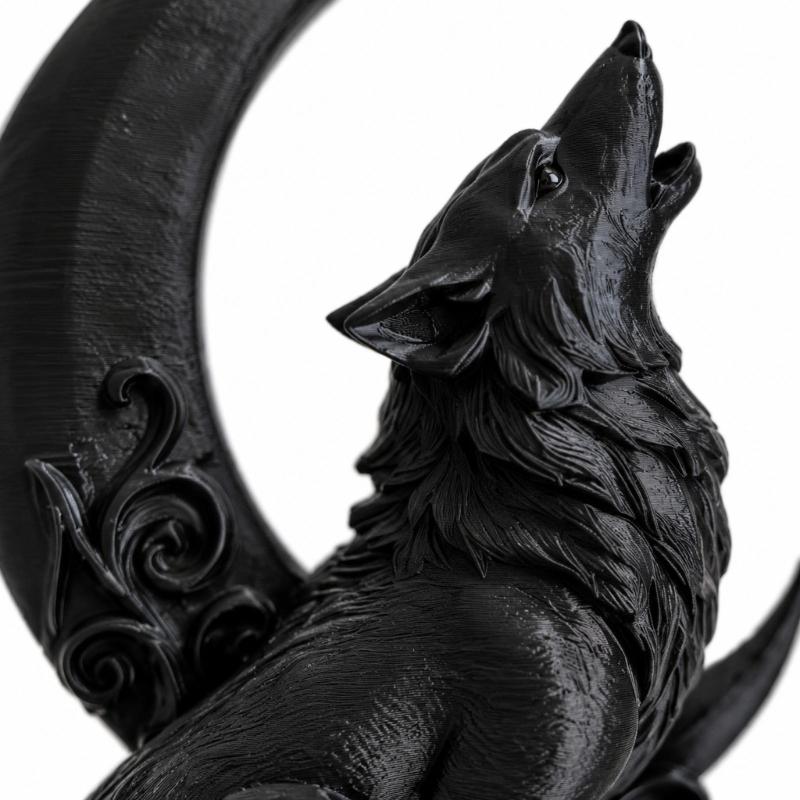 3D Printed Wolf Sculpture with Visible Layered Texture, Moon and Scrollwork Composition for Animal-Themed Entryway or Living Room Decors